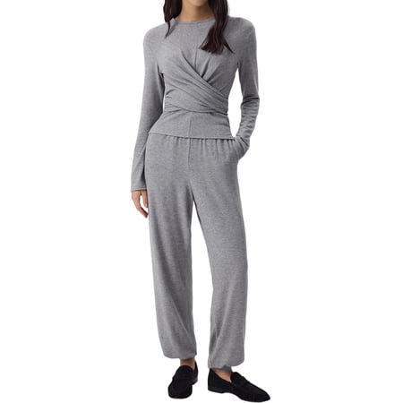 Casual Workout Two Piece Outfits Long Sleeve High Waist -Pleated Flared Wide-Leg Pants Gray Pantsuit L Casual Workout Two Piece Outfits Long Sleeve High Waist -Pleated Flared Wide-Leg Pants Gray Pantsuit L