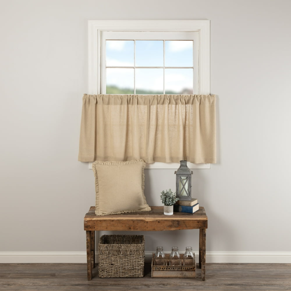 Vintage Tan White Farmhouse Kitchen Curtains Burlap Chocolate Rod ...
