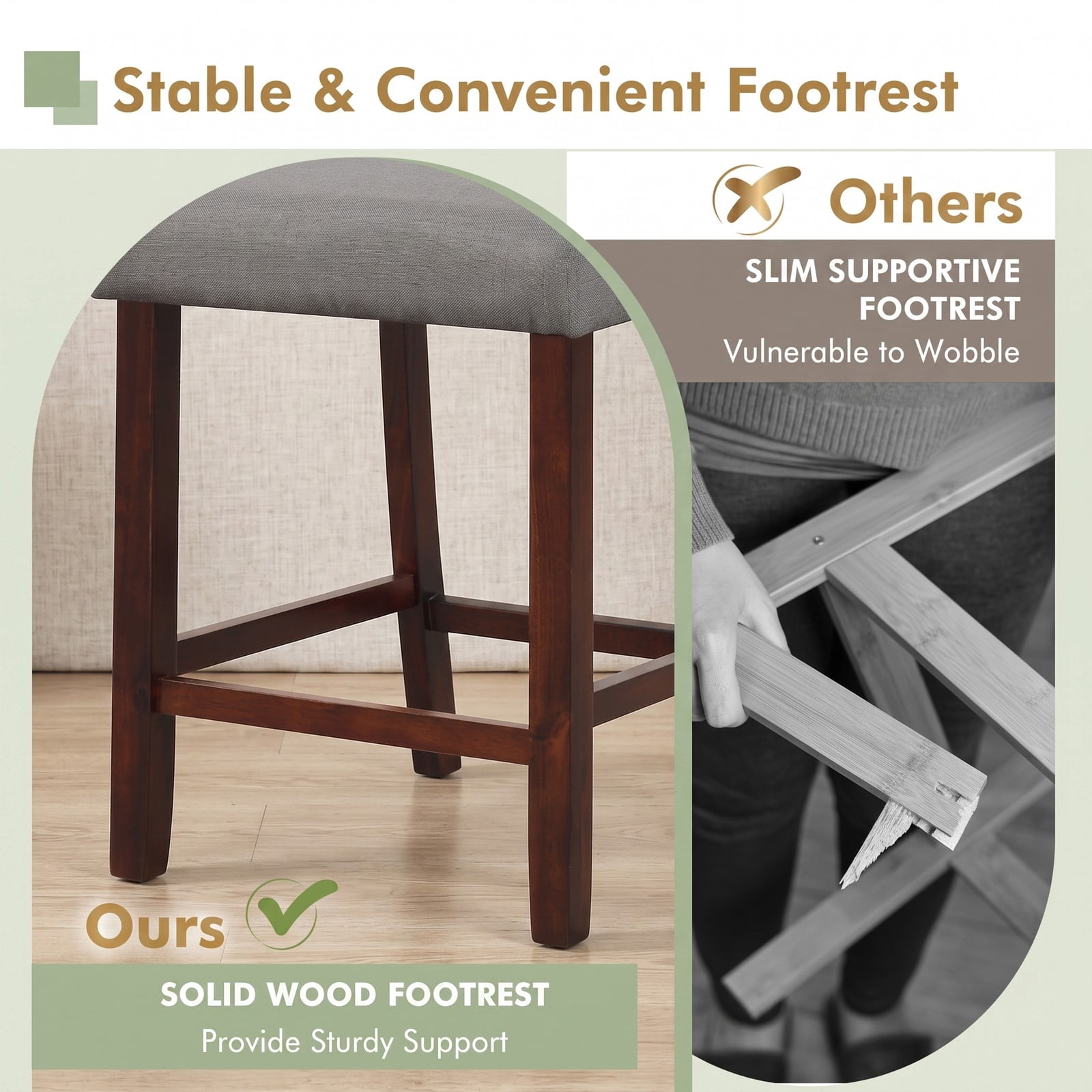 Furnibear Set of 2 Bar Stools with Hollowed Backrest, Rubber Wood Legs, Padded Seat, 24.5 Inch Counter Height Bar Chairs for Kitchen Pub Dining Room, 400 lb, Gray
