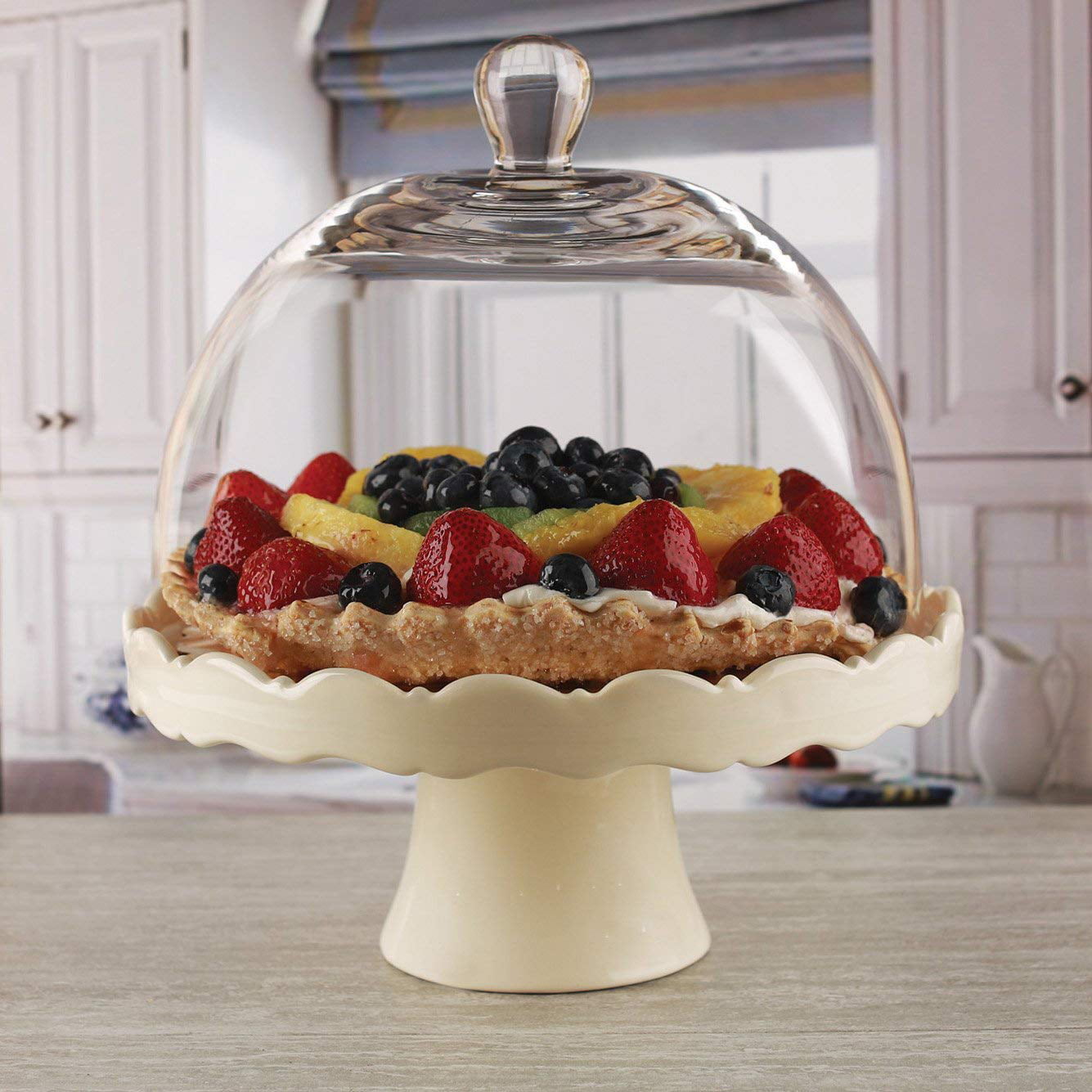 Circleware Dolche Torta Ceramic Cake Stand with Glass Dome, Cream 