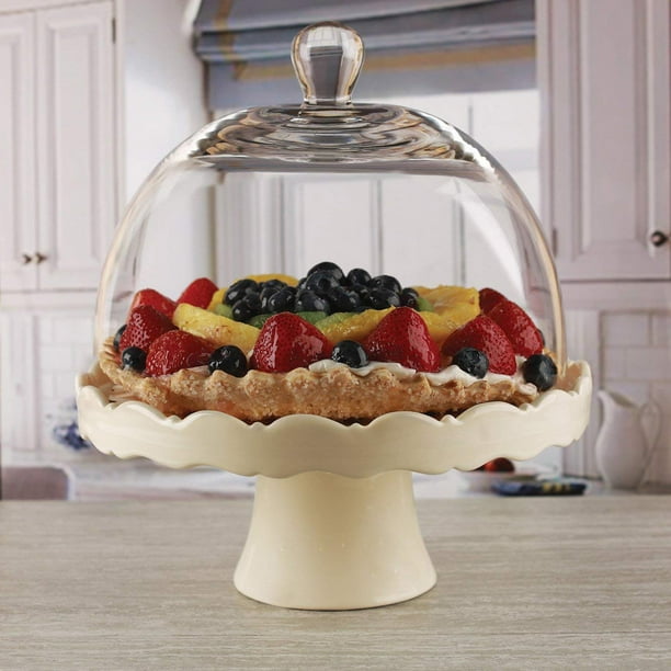 Circleware Dolche Torta Ceramic Cake Stand with Glass Dome, Cream