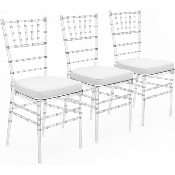 FOHFurniture Set of 3 Clear Acrylic Chiavari Chairs With white seat cushion, Transparent Crystal Morden Dining Chair, Accent Event Ghost Chairs for Wedding Party Event Reception