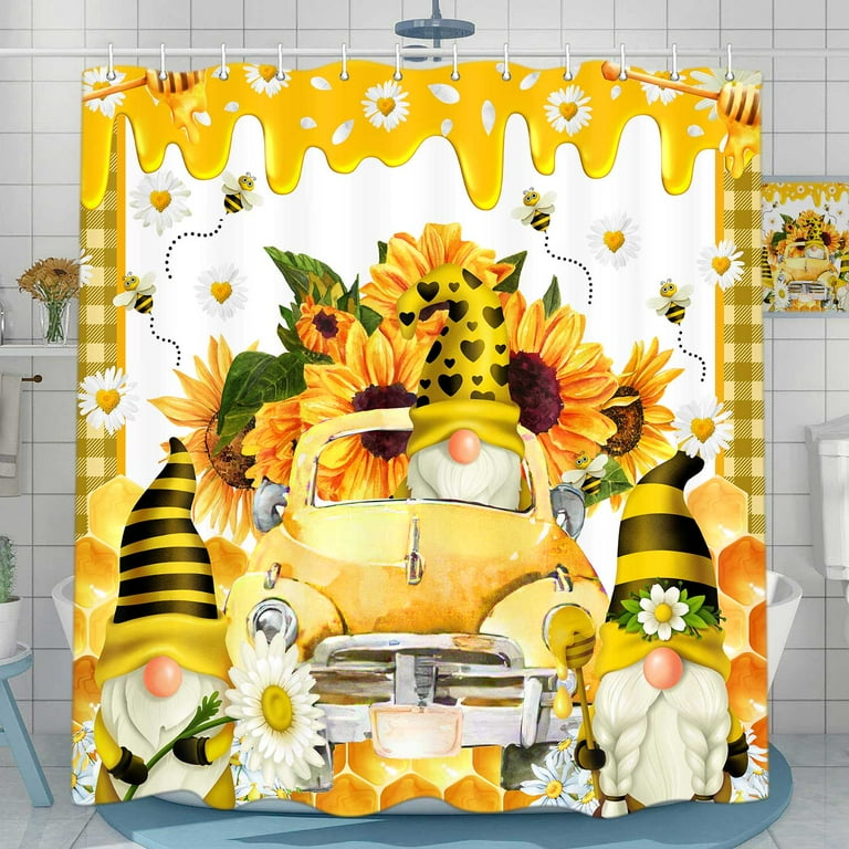 Farmhouse Bee Gnomes Watercolor Sunflower Shower Curtain Set