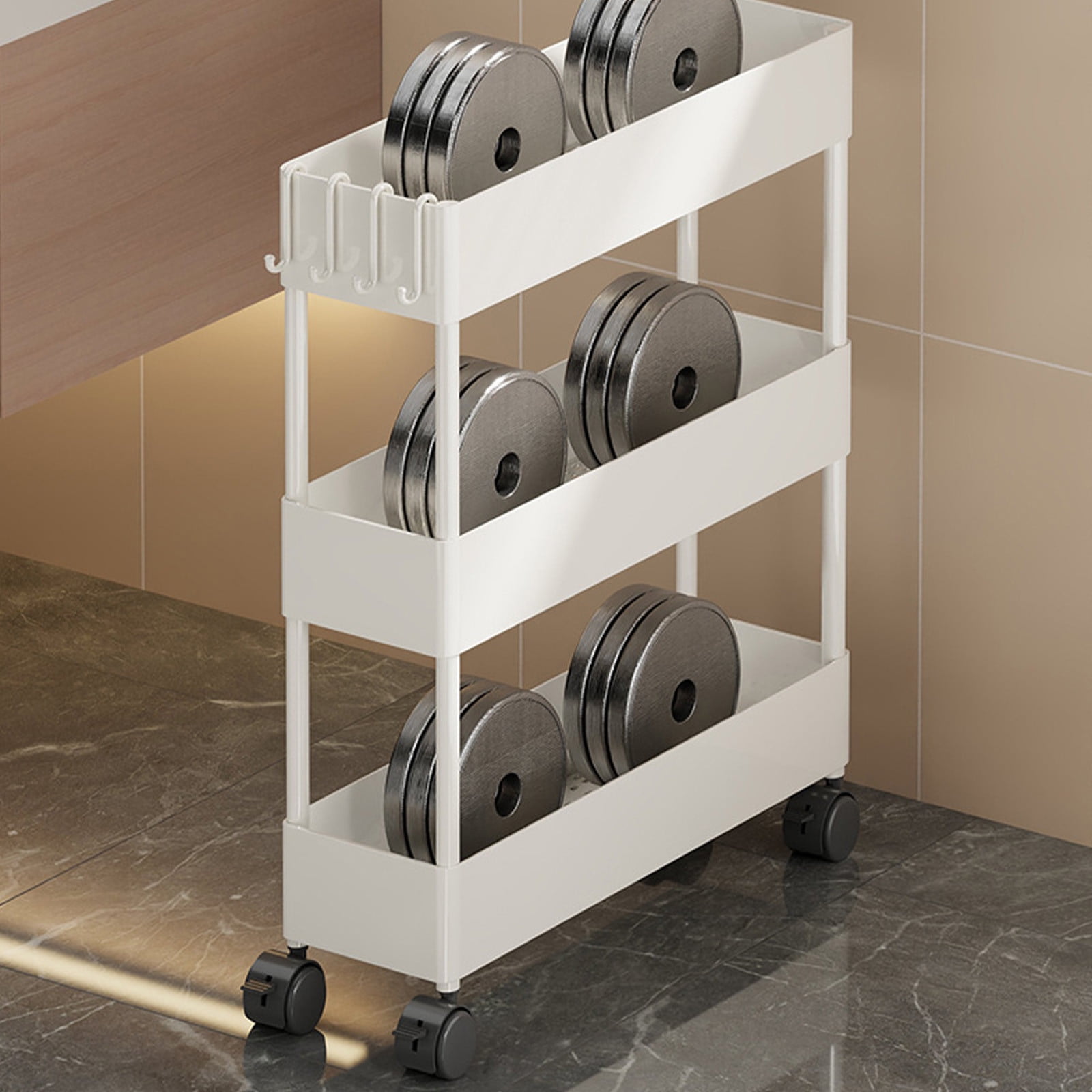 Narrow Storage Cart, Slim Rolling Organizer Rack on Wheels for Bathroom Laundry Room, Space Saving Trolley for Between Washer Toilet, Plastic Storage Shelf for Detergent Shampoo Towels Supplies