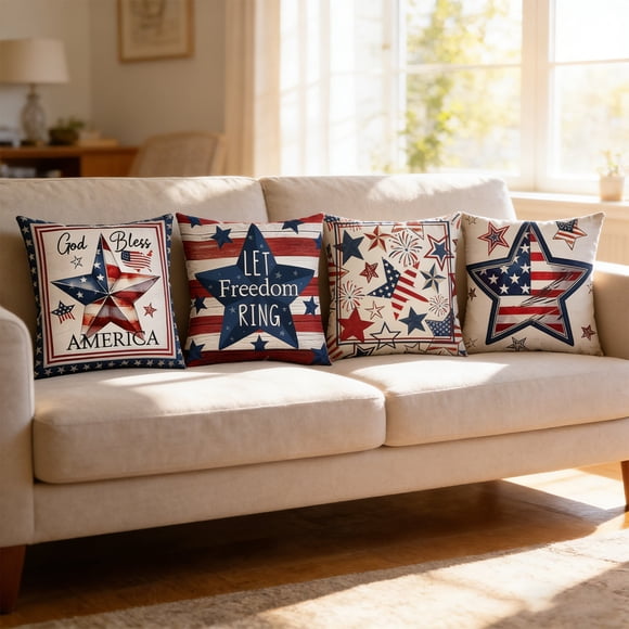Funda de almohada patriótica para sofá cama – Funda de cojín decorativa con la bandera estadounidense y funda de almohada con estampado de estrellas, tela de lino, cremallera oculta, lavable,