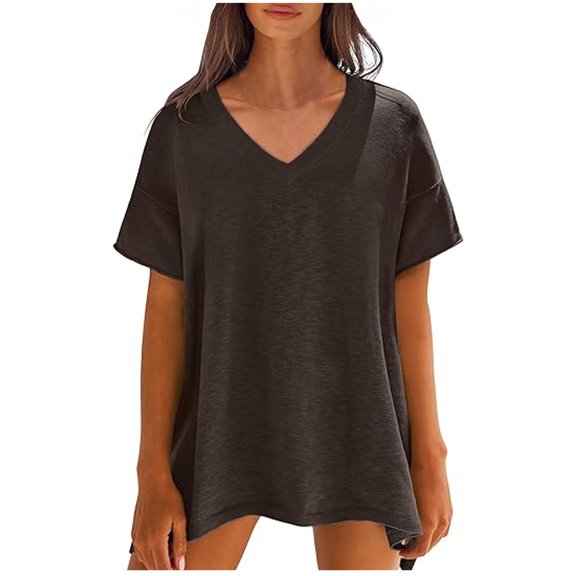 Womens Drop Shoulder Tops, Short Sleeve Shirts for Women Summer Casual Vintage Solid Color Oversized V Neck T-Shirts