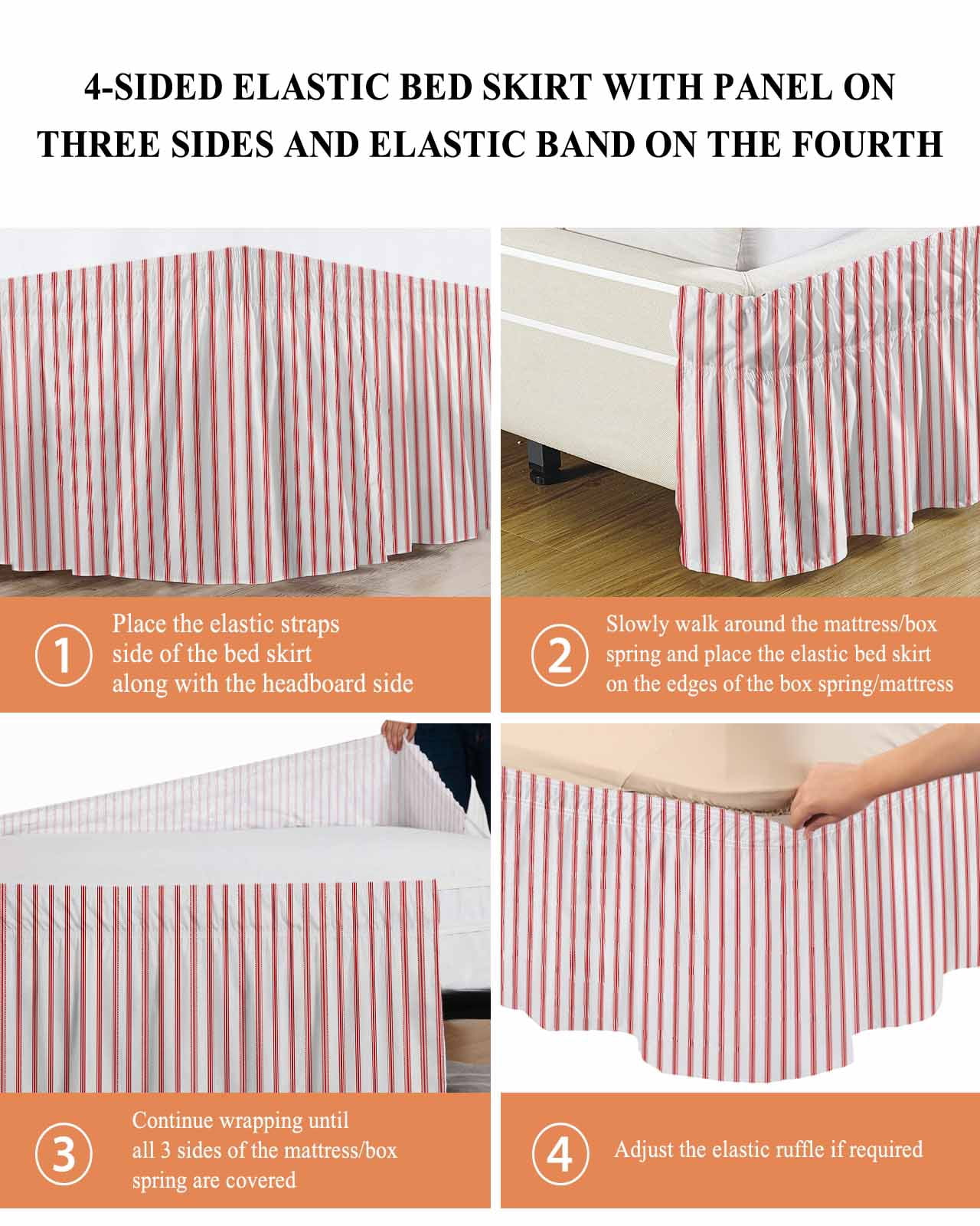 Stripes Bed Skirt Queen Size 16 Inch Drop, Modern Art Red Beige Adjustable Elastic Dust Ruffles Bedskirt for Queen Bed Wrap Around Pleated Mattress Frame Cover