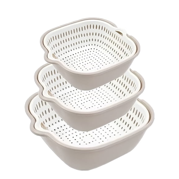 RYLZX 6 Pack Detachable Double Layer Fruit & Vegetable Colander Set, Nestable Stackable PP Washing Drain Basket for Kitchen Food Soaking, Grey & White Three Sizes