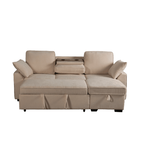 Howcool Sectional Sleeper Sofa,L Shaped Chenille Convertible Sofa Bed 85.5" 3 Seater with Flip-Down Center Console,Pull Out Couch for Living Room Apartment Office,Beige