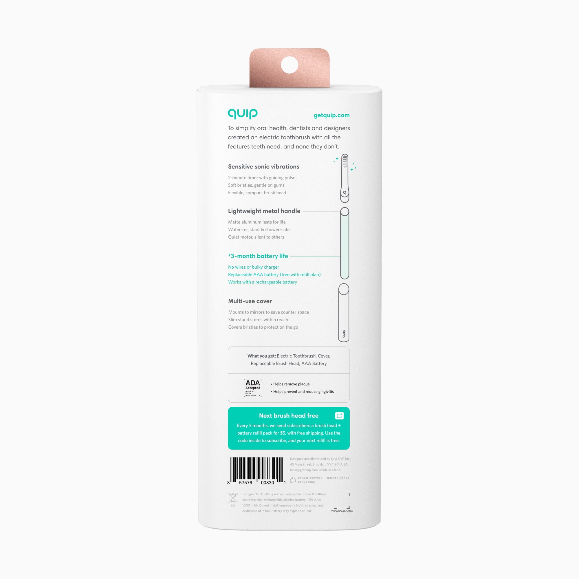 quip Electric Toothbrush, BuiltIn Timer + Travel Case, Copper Metal