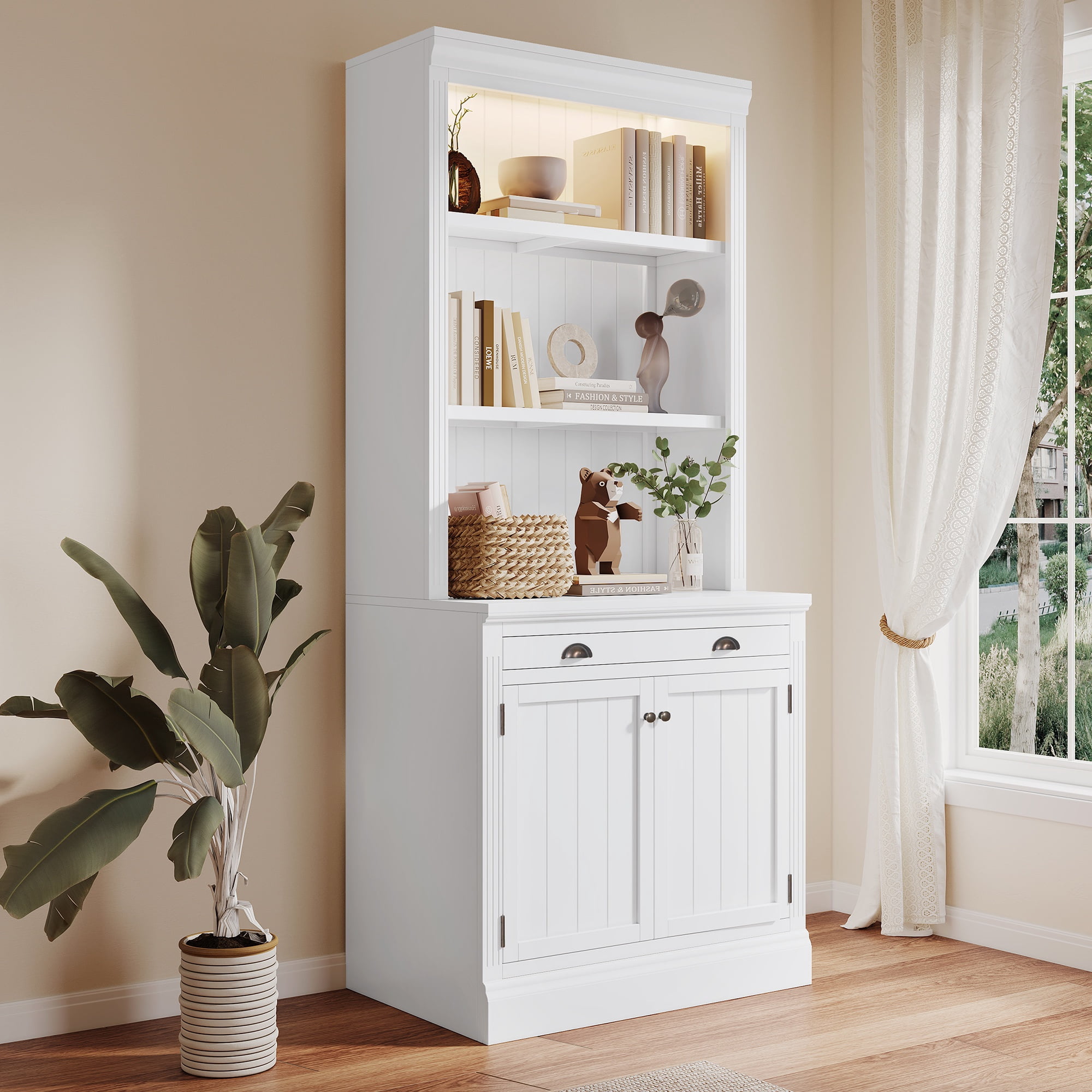 PORKISS Bookcase with Doors, Wooden Tall Bookshelf with LED Light and Storage, Modern Display Shelf with Drawer and Open Shelves for Living Room, Home Office, White