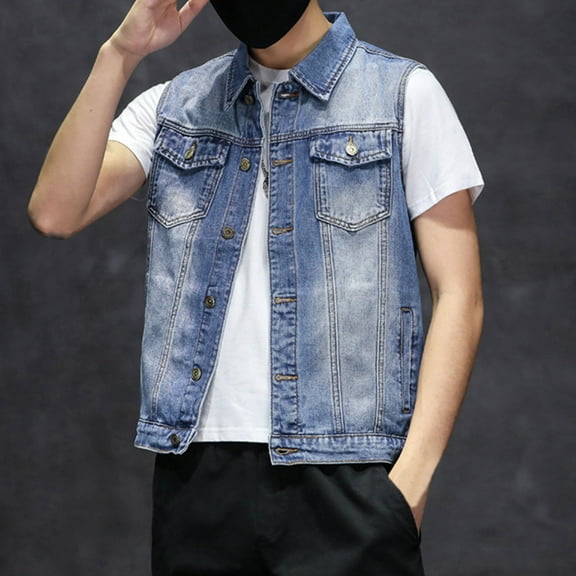BiZtdJrK Big and Tall Denim Vests for Men Lapel Button Down Sleeveless Trucker Jackets Loose Fit Casual Jean Vest with Chest Pockets Blue M