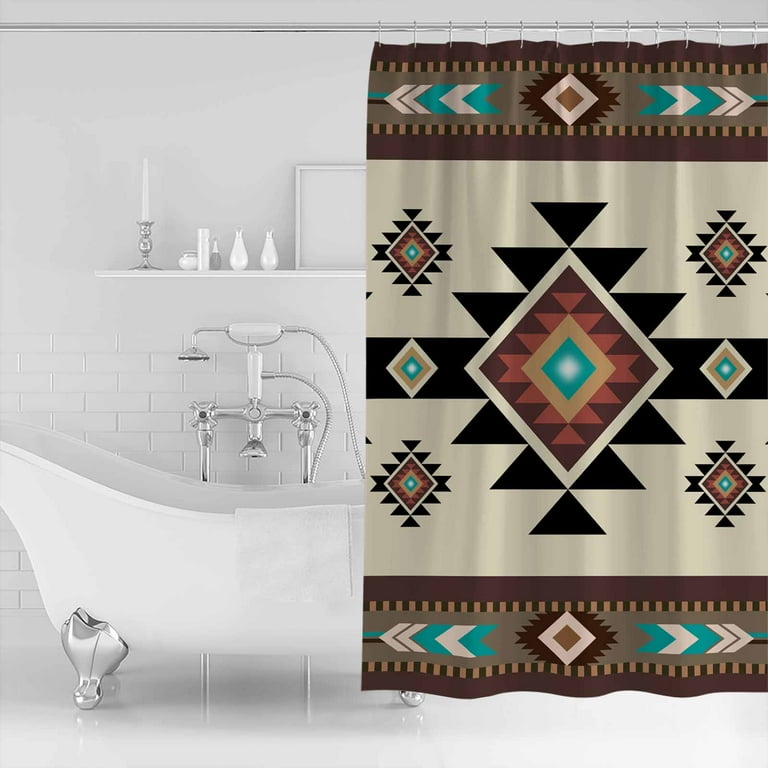 Western Boho Shower Curtain 72x84 Inches – Cowboy Cactus Aztec Print, Waterproof Polyester, Includes 12 Hooks
