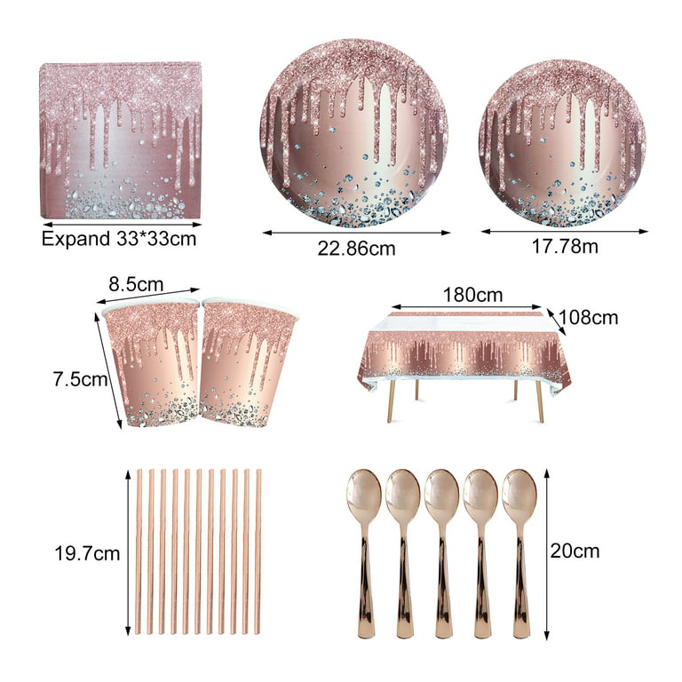 HOMIX 60 and Fabulous Party Plates Napkins Cups Sets Rose Gold with Plastic  Cutlery Sets Serves 24 for Women 60th Birthday Party Supplies and
