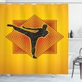 thumbnail image 1 of Kung Fu Shower Curtain, Grunge Silhouette of Kicking Man on Nested Line Squares, Fabric Bathroom Set with Hooks, 69W X 75L Inches Long, Charcoal Grey Vermilion Earth Yellow, by Ambesonne, 1 of 3