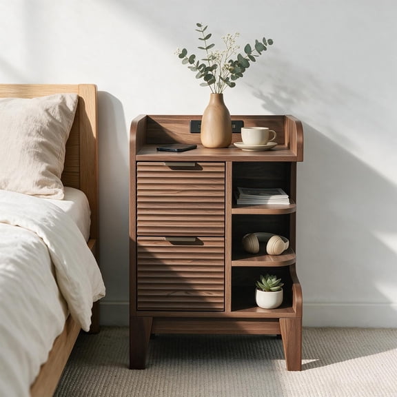 Fluted Nightstand with Charging Station, Modern Side Table, 2 Drawers End Table with Storage Curved Profile Design, Walnut