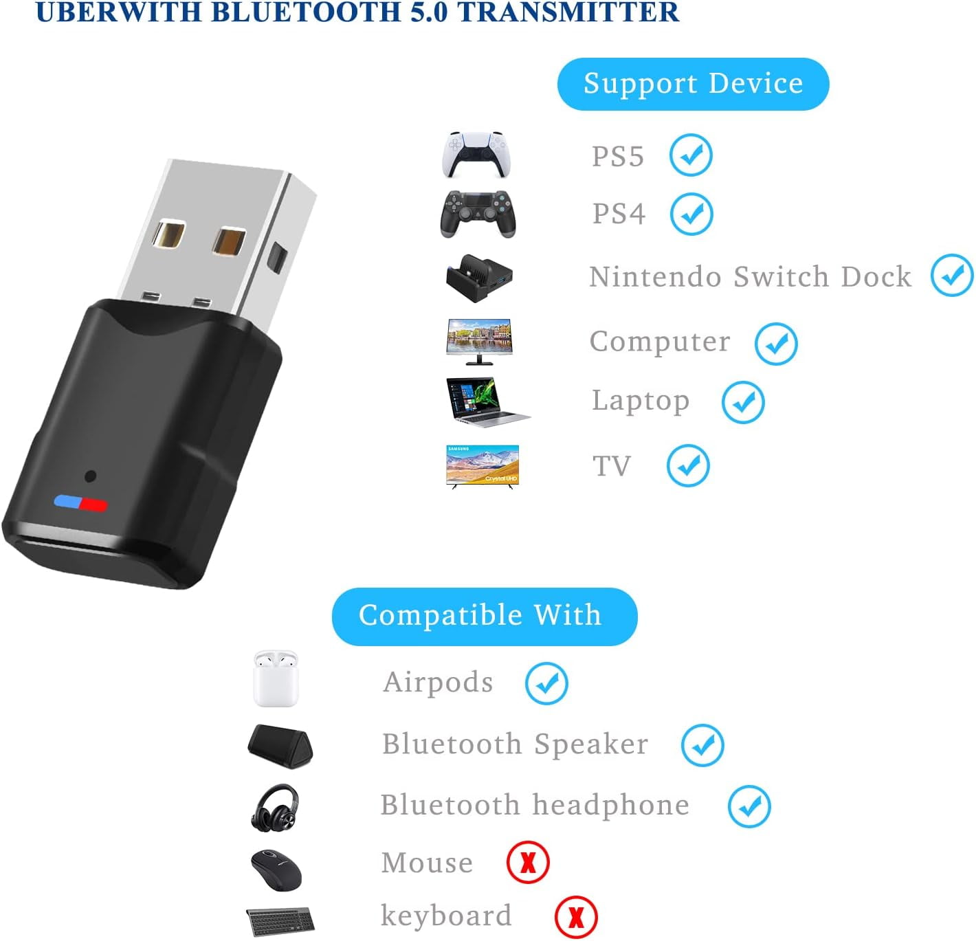 Bluetooth Audio Adapter for PS5 - Uberwith Bluetooth Dongle 5.0 Adapter for PS5/PS4/Windows 10/8/7/XP Compatible with Airpods, Headset, Speaker - USB Bluetooth 5.0 Dongle