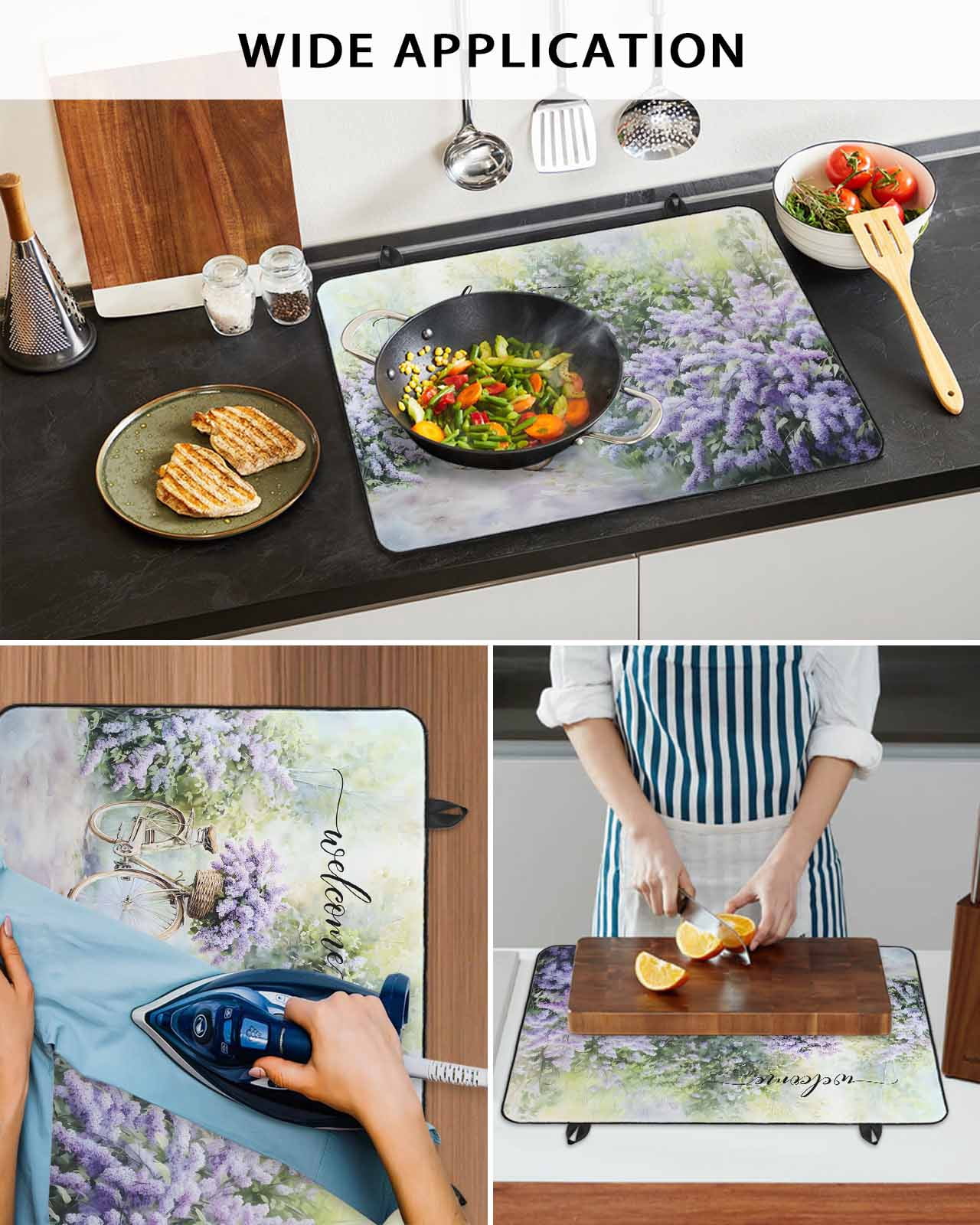 nqOlkjepod Large Induction Cooktop Protector Mat 24"x21", Purple Lavender Stove Top Covers for Electric Stove, Green Leaves Spring Bike Botanical Stove Burner Cover Mats, Glass Top Stove Cover