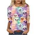 thumbnail image 2 of sdhkgrrt Women Plus Size Halloween Graphic Tops 3/4 Sleeve Round Neck Ghost Print Pullover Cute Casual Tunic Shirt Fall Autumn Outfits Clothes, Multicolor 3XL, 2 of 5