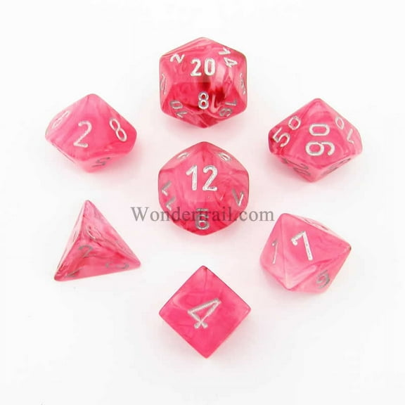 Pink Ghostly Glow Dice with Silver Numbers 16mm (5/8in) Set of 7 Chessex