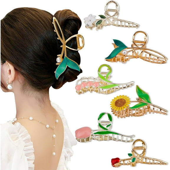 6Pcs Flower Metal Hair Claw Clips, Gold Cute Hair Claw, Large Sunflower Tulip Hold Hair Jaw, Floral Non Slip Hair Clamps Hold Clips, Fashion Hair Catch Clips Barrettes for Women Girls