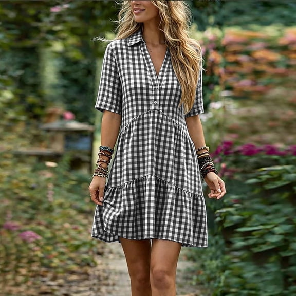 Women's Casual Plaid Linen Short Sleeve Button Front Dress with Lapel Collar