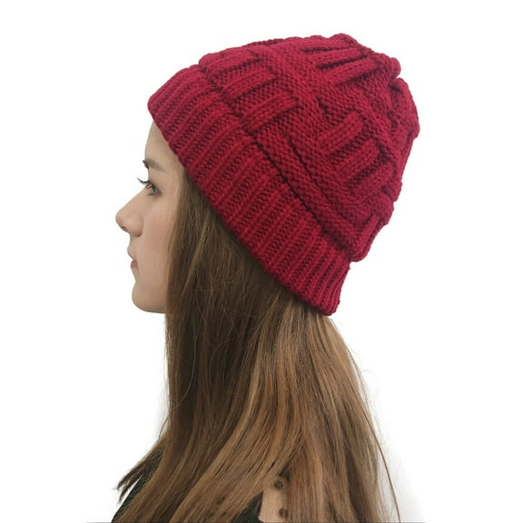 Dyfzdhu Women Casual Solid Stitching Outdoor Plush Hats Crochet Knit Beanie Cap Red