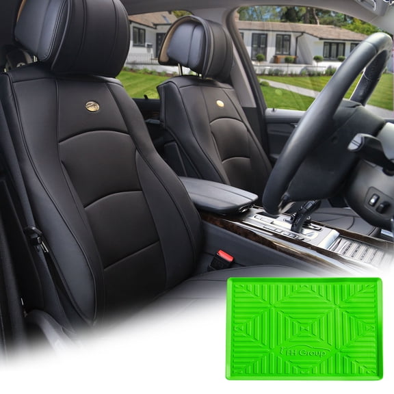FH Group Solid Black Leatherette Front Bucket Seat Cushion Covers for Auto Car SUV Truck Van with Green Dash Mat Combo