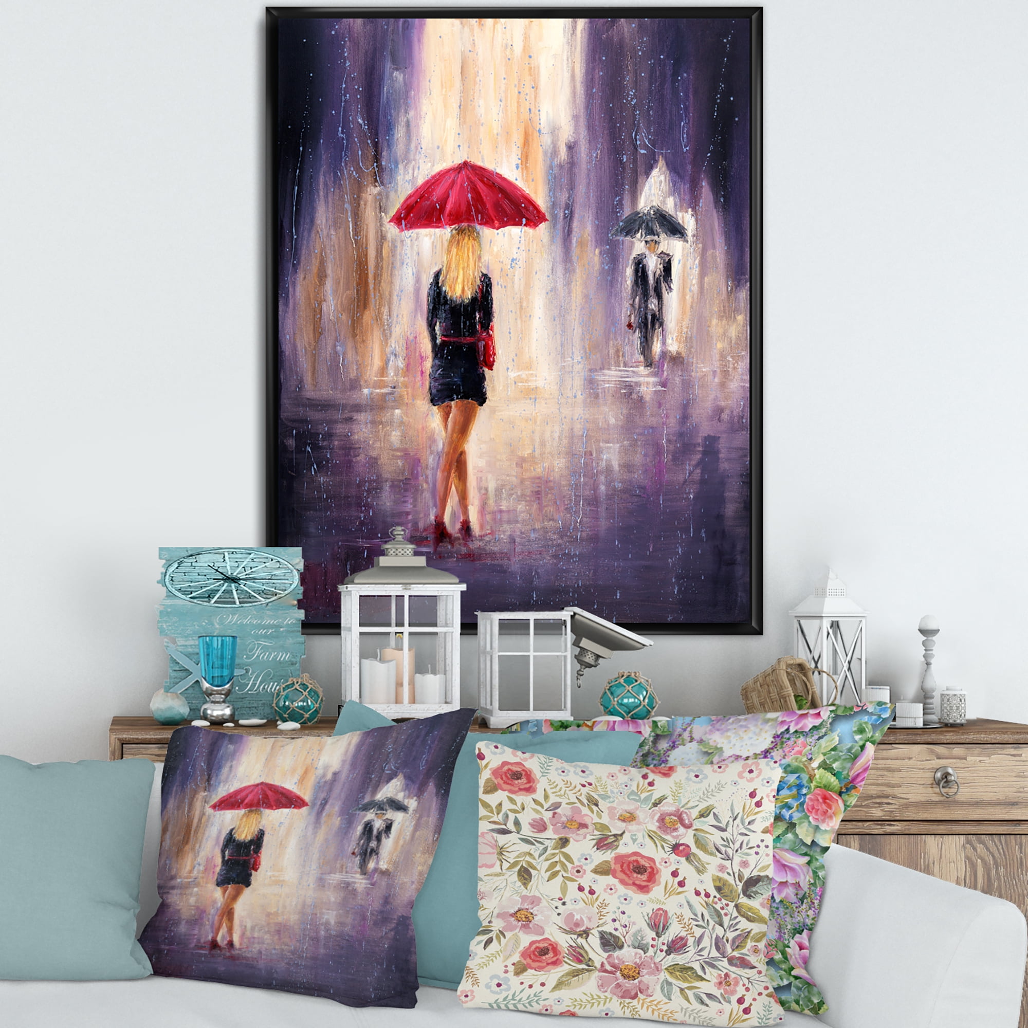 Designart 'The Girl With The Umbrella Walking In The Rain II' French Country Framed Canvas Wall Art Print
