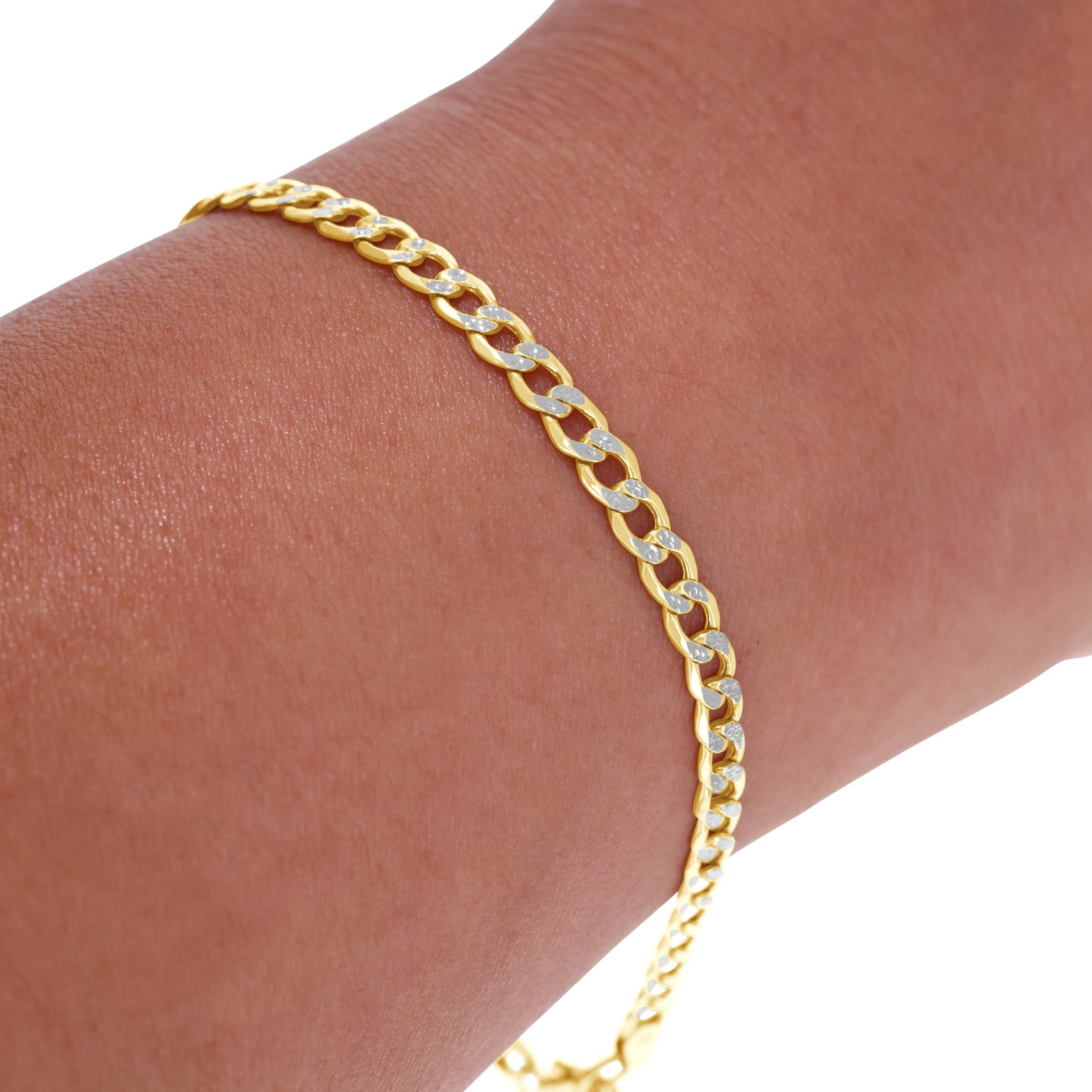Nuragold 10k Real Yellow Gold Cuban Curb Link 3.5mm Diamond Cut Pave Chain Bracelet or Anklet (7"-9") Two Tone Italian Jewelry for Men & Women