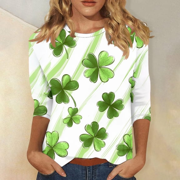 St Patricks Day T Shirt Women, Ladies 3/4 Sleeve Tops, Crewneck Blouse Women's St. Patrick's Day Printed Shirts Casual Loose 3/4 Sleeved Round-Neck Tops T-Shirts