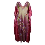 Mogul Womens Kimono Silk Blend Long Kaftan Double Shaded Floral Embroidered Kashmiri Caftan Dresses Maxi Kaftan Housedress