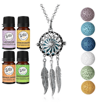 Wild Essentials Dream Catcher Necklace Essential Oil Diffuser Kit with Lavender, Lemongrass, Peppermint, Orange Oils, 6 Refill Lava Stones, Calming Aromatherapy Gift Set, Customizable Color Changing,