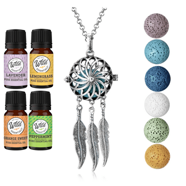 Wild Essentials Dream Catcher Necklace Essential Oil Diffuser Kit with Lavender, Lemongrass, Peppermint, Orange Oils, 6 Refill Lava Stones, Calming Aromatherapy Gift Set, Customizable Color Changing,