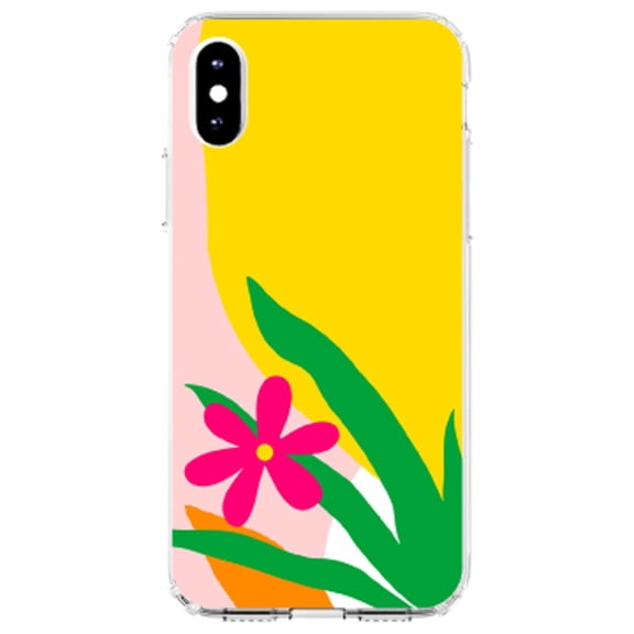 DistinctInk Clear Shockproof Hybrid Case for iPhone XR (6.1" Screen) - TPU Bumper, Acrylic Back, Tempered Glass Screen Protector - Summer Vibes Bold Flower Pink Green Yellow