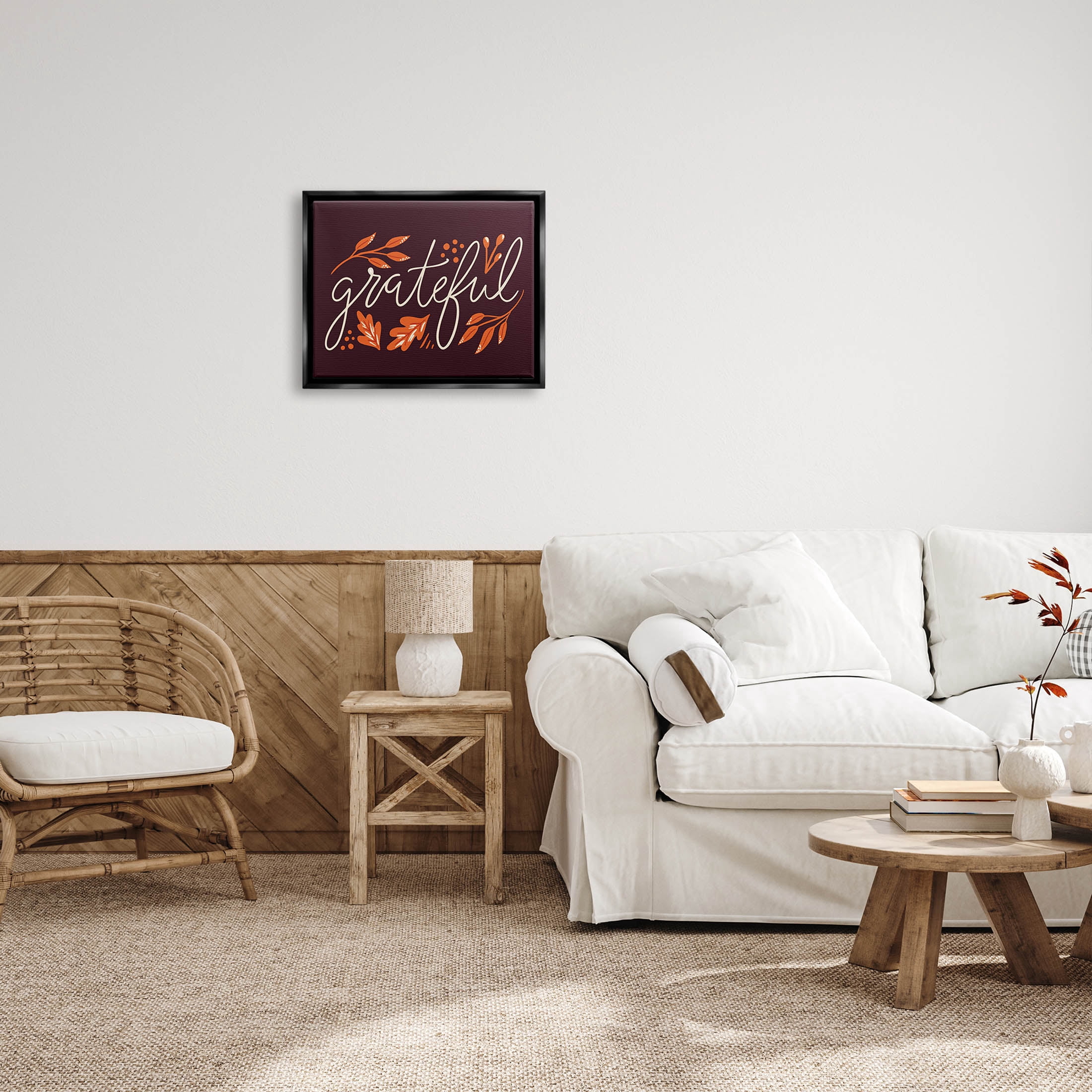 Grateful Autumnal Leaves Phrase Holiday Graphic Art Jet Black Framed Art Print Wall Art
