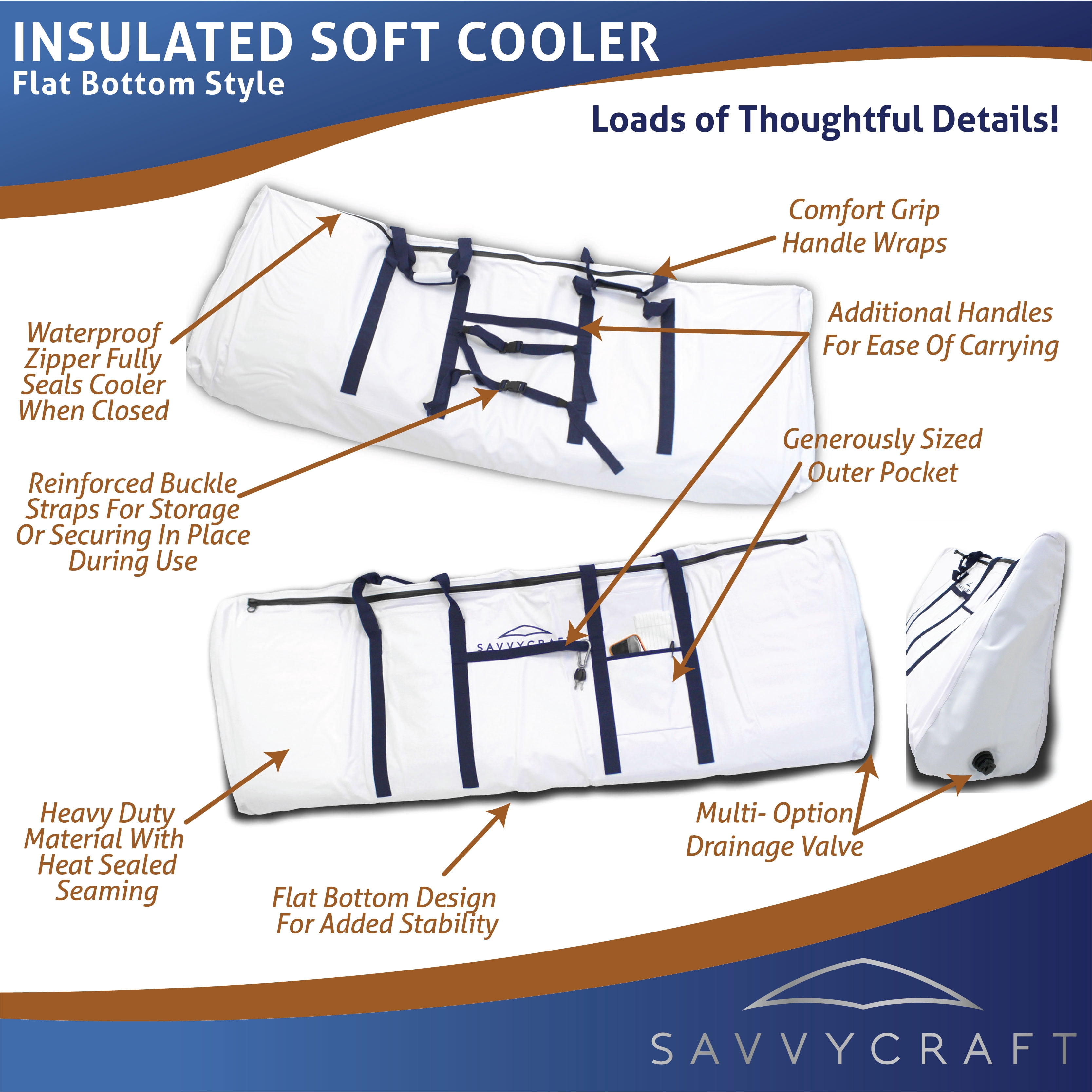 SavvyCraft Insulated Fish Cooler Bag, Waterproof Leakproof Soft Insulated Fish Kill Bag with Easy Grip Handles, Flat Bottom Style White 60"L x 12"W x 22"H