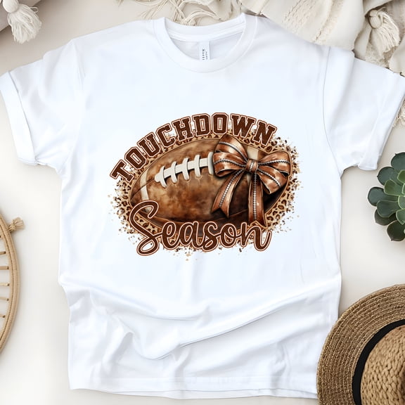 Touchdown Season Shirt | Leopard Bow Football Graphic Tee for Women, White, Size S