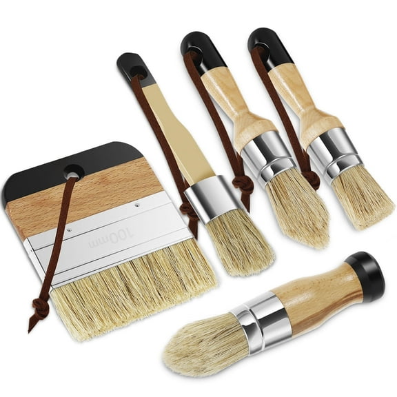 Wekvgz 5pcs Wax Paint Brush Set Reusable Furniture Chalk Paint Brushes with Natural Bristles Wooden Handle Use with All Paints for Painting or Waxing Home Decor DIY Art Crafts