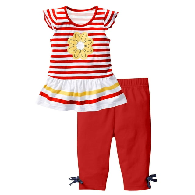 vdgthytj Vêtements d'Été pour Filles Tout-Petits Décontractés à Rayures Col Rond Manches à Volants Hauts et Pantalons Capris Ensemble 2 Pcs