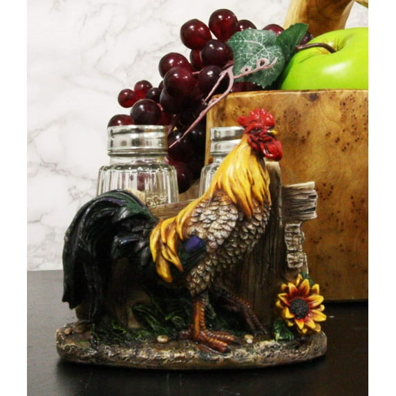Ebros Proud Fowl Rooster Standing By Rustic Wooden Fence And Sunflower Glass Salt And Pepper Shakers Holder Display Stand Resin Figurine 4.75" Wide