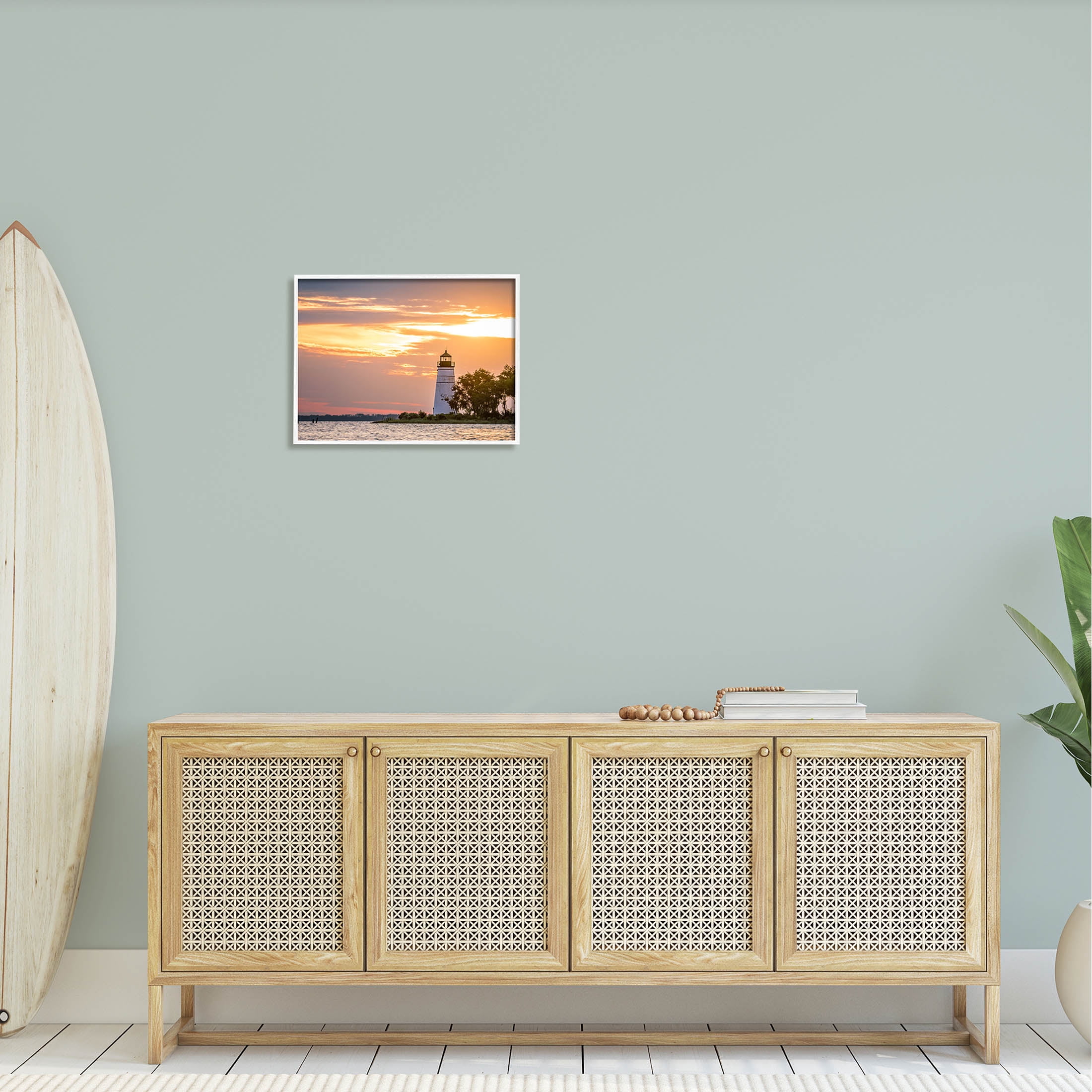 Nautical Lighthouse Sunset Horizon Coastal Photograph White Framed Art Print Wall Art