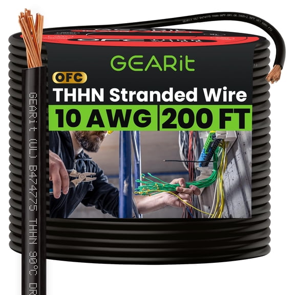 GEARit Stranded THHN Wire (10 Gauge, 200 Feet) 100% OFC Electrical Building Wire, Rated for Up to 600 Volts, Single Conductor, Nylon Jacket, UL Listed/RoHs Compliant - Black, 200ft