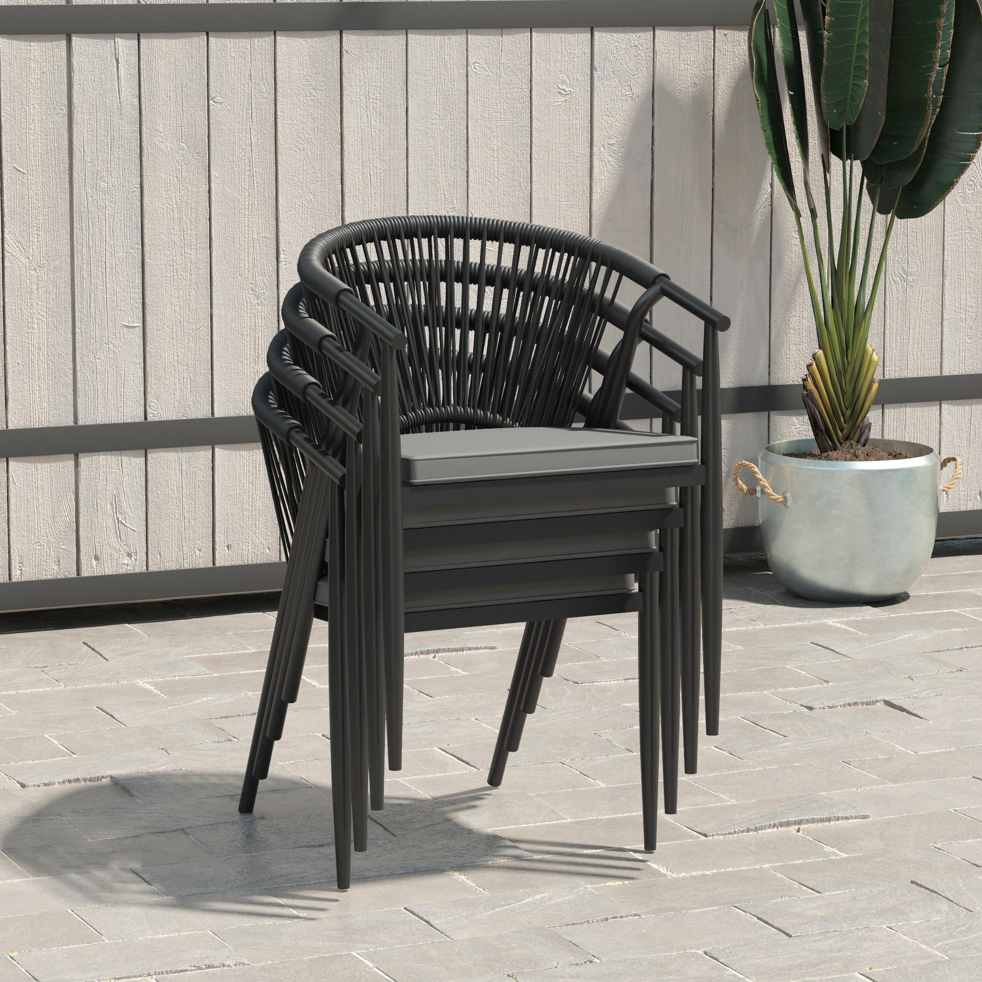 CosmoLiving by Cosmopolitan, Circi Collection, Stacking Dining Chair with Rope Weave, 4-Pack, Black and Charcoal