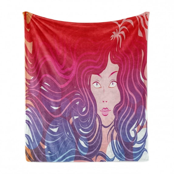 Modern Soft Flannel Fleece Blanket, Graphic Little Mermaid Face and Wavy Hair Vibrant Colors Fantasy Woman Artwork, Cozy Plush for Indoor and Outdoor Use, 50" x 60", Red Violet Cream, by Ambesonne