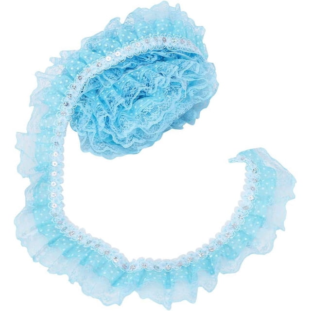 HUGFEGWE 5 Yard Mesh Lace Ribbon, 45mm Pleated Lace Gathered Mesh Trim Lace Ribbon Printing Dots Pleated Trim Mesh Lace Ribbon Sewing Sequins Embroidered DIY Craft (Blue) U2536-6820