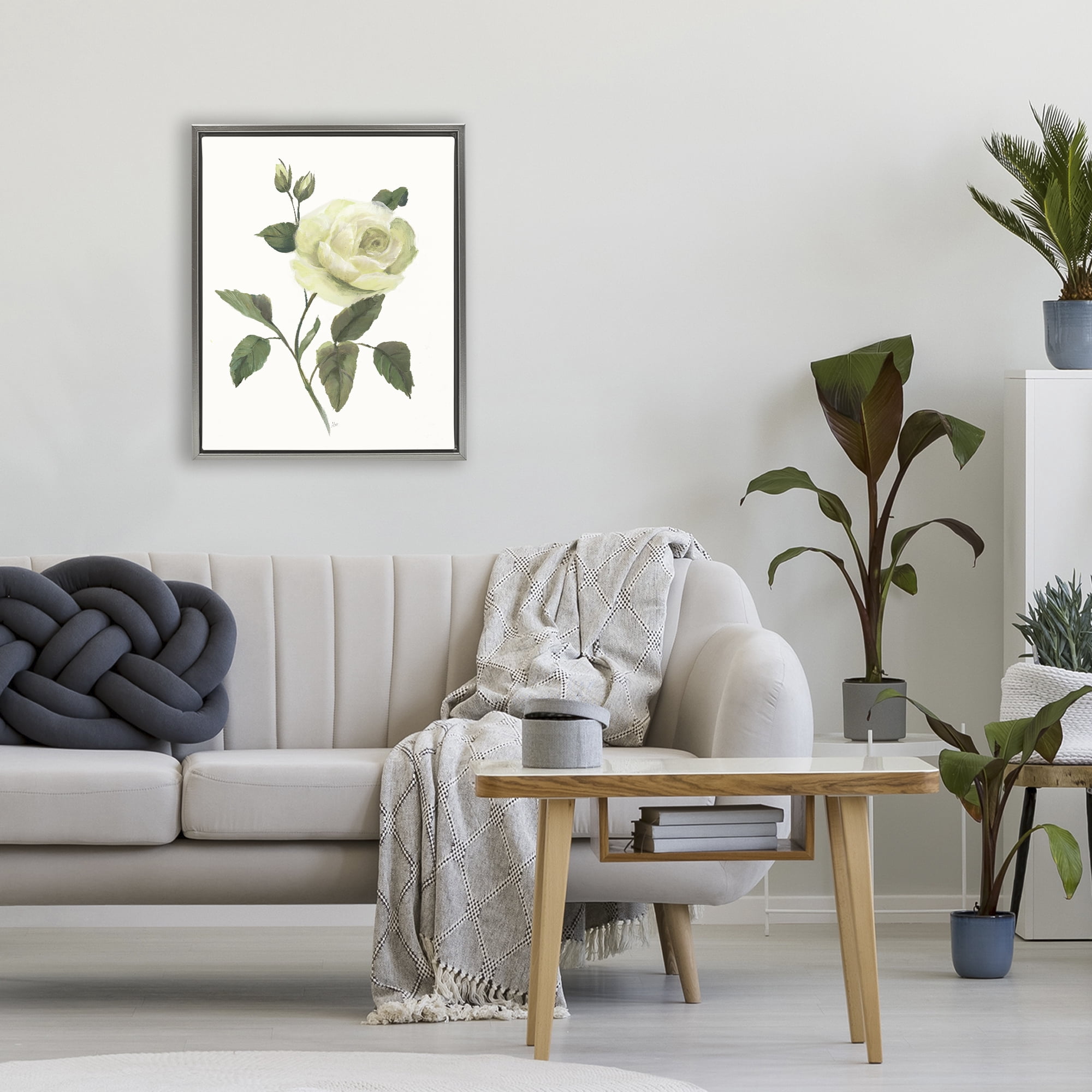 Stupell Industries Cream Garden Rose with Buds Gray Framed Floater Canvas Wall Art, design by Nan