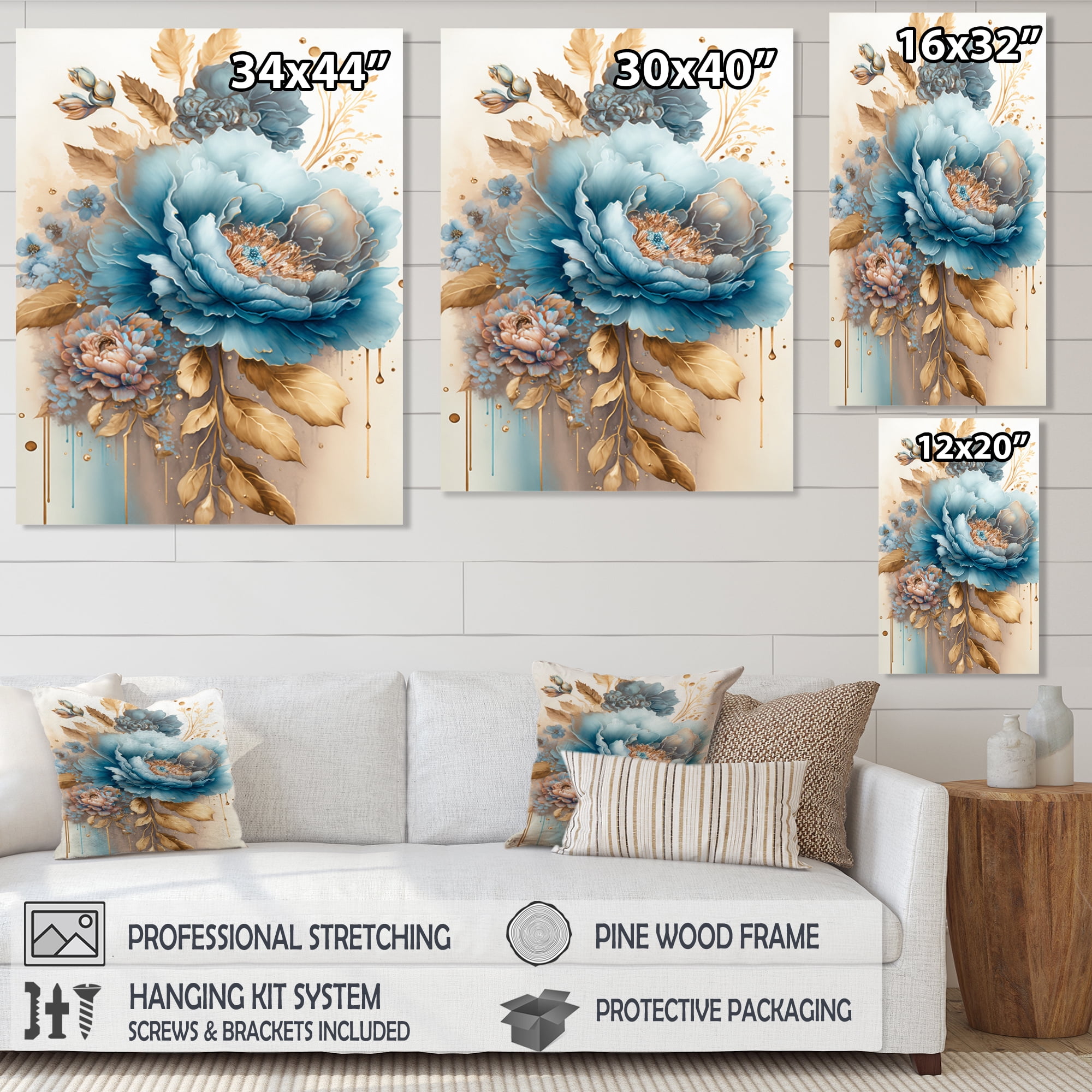 Designart Blue And Gold Mixed Floral Bouquet II Canvas Wall Art