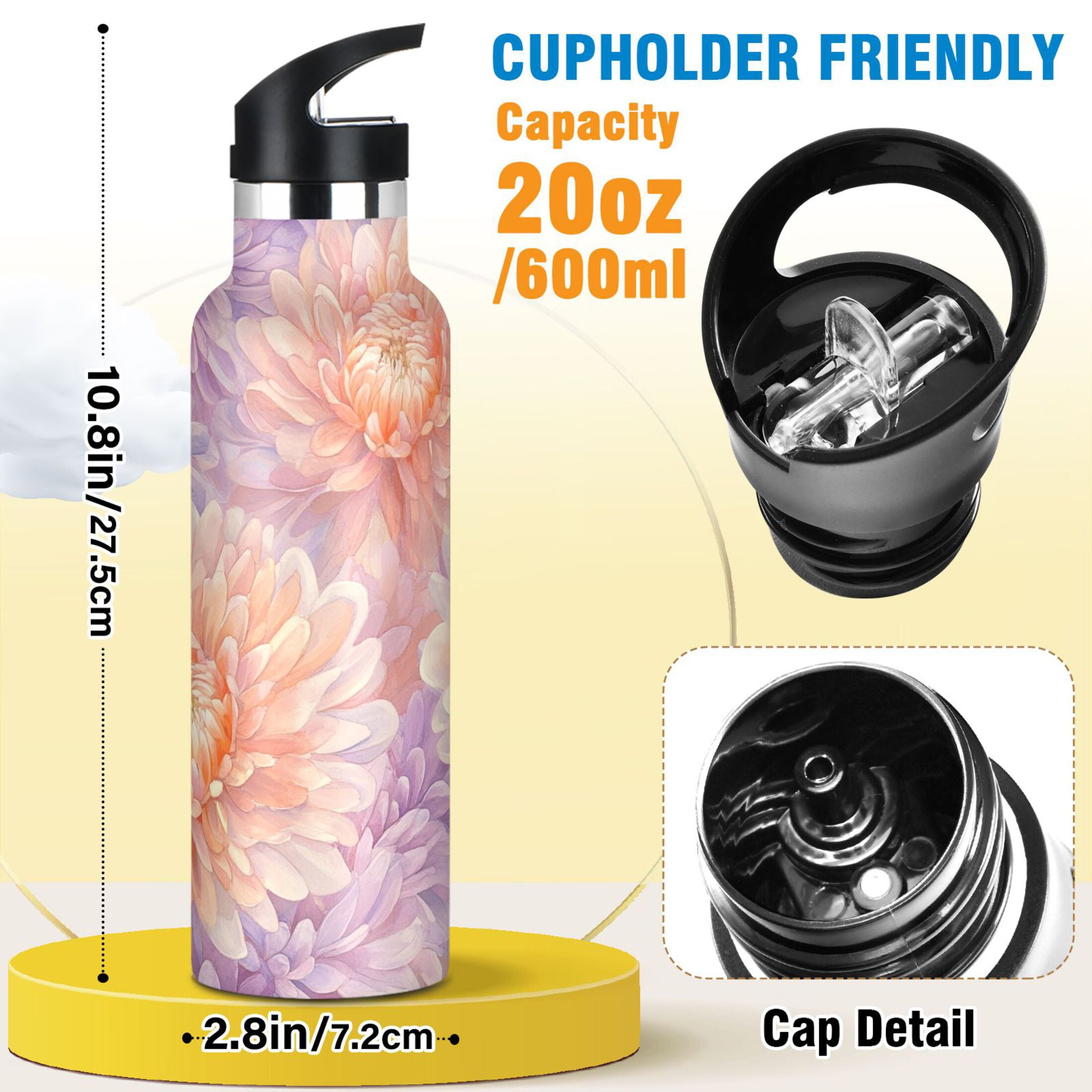 600ML Stainless Steel Insulated Cup Sports Water Bottle Portable Thermos Cup Water Glasses Insulated Tumblers Convenient and Durable Chrysanthemums Cream