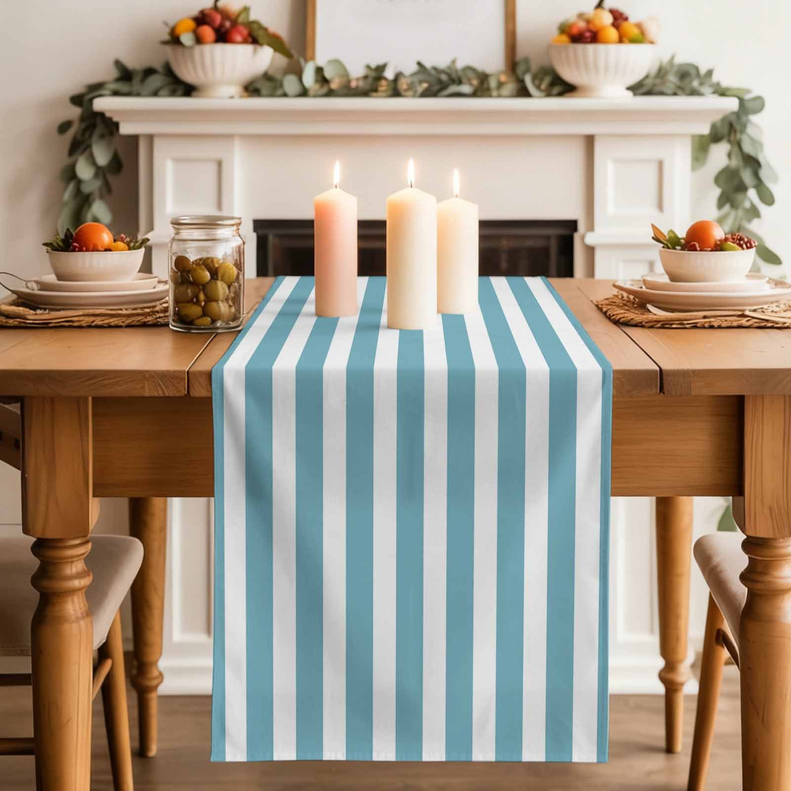 Aqua Striped Table Runner, Modern Farmhouse Blue White Stripes Washable Cotton Linen Table Runners 60 Inches Long, Dresser Scarf Runner for Coffee/TV Stands/Kitchen/Cabinets 13''x60''